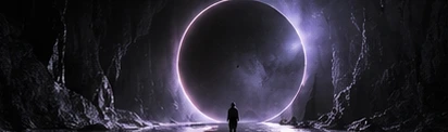 Ein violett leuchtendes Portal in einer dunklen Felslandschaft